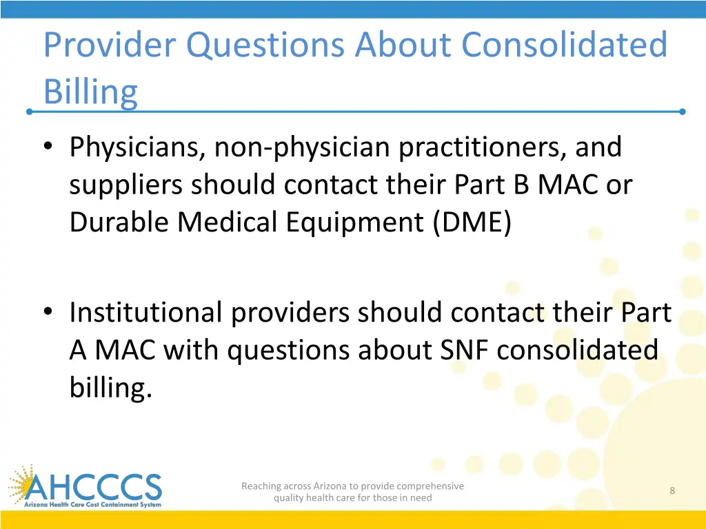 provider questions about consolidated billing