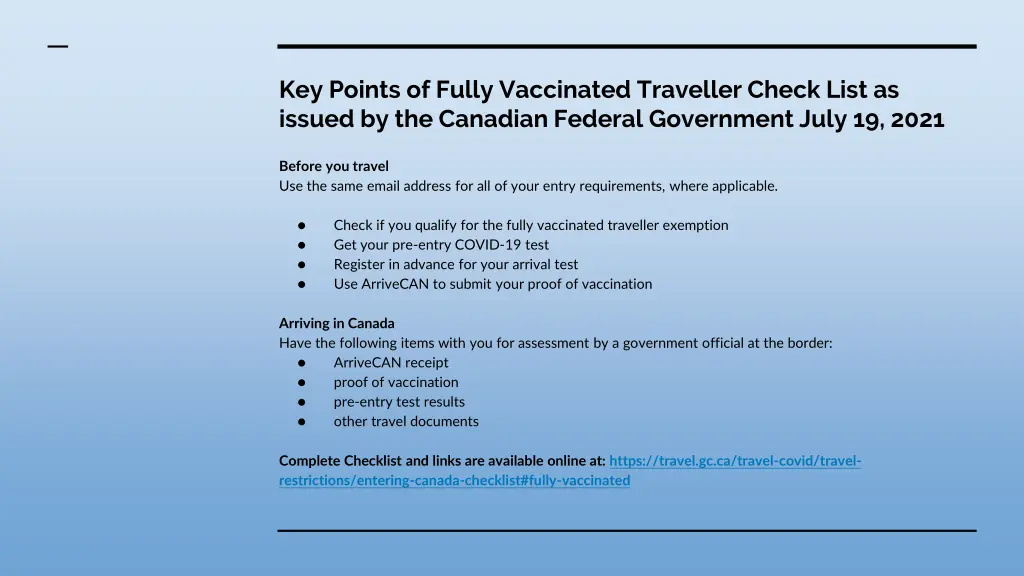 key points of fully vaccinated traveller check