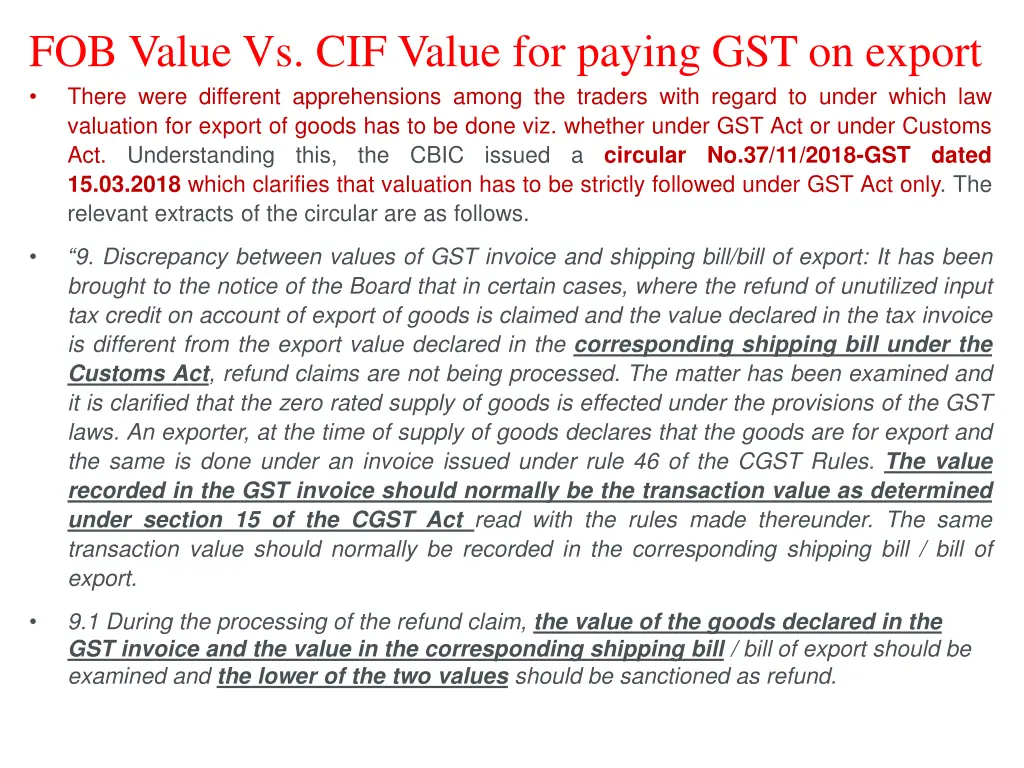 fob value vs cif value for paying gst on export