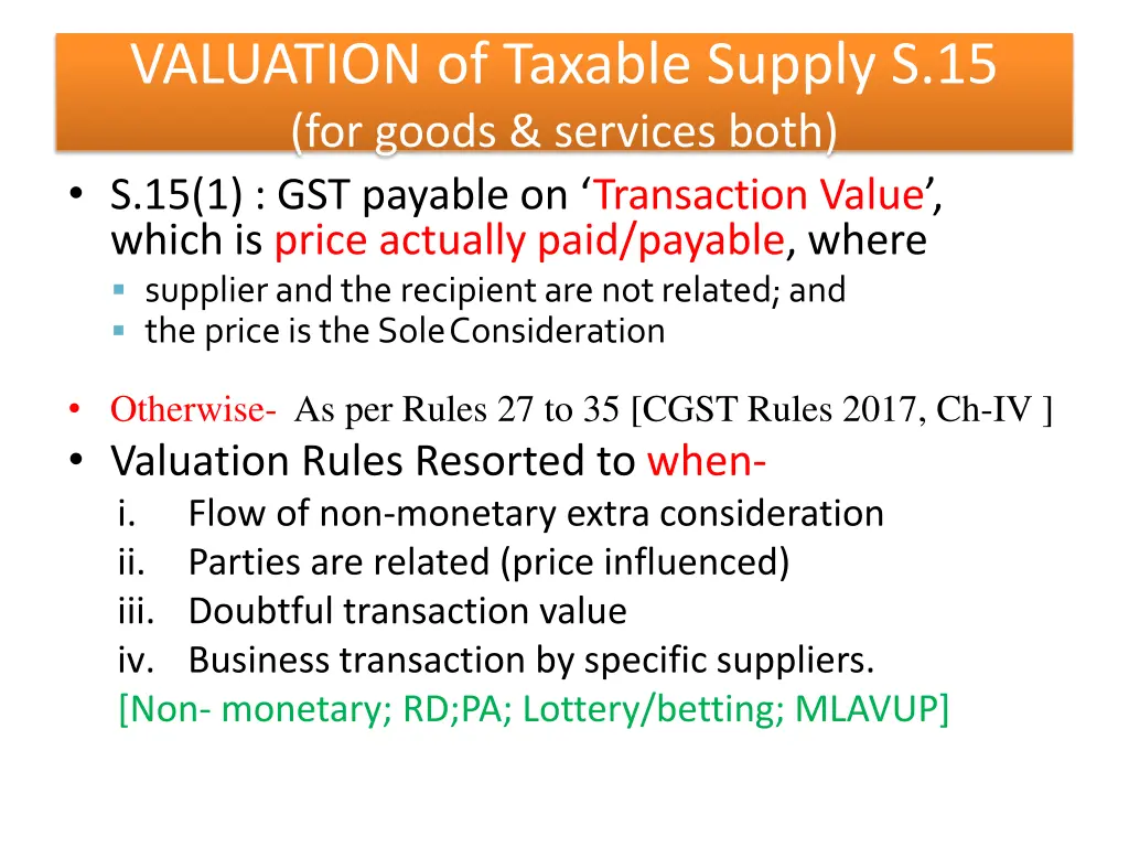 valuation of taxable supply s 15 for goods