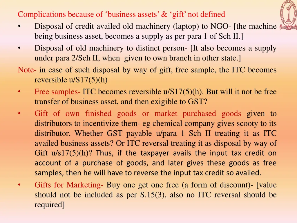 complications because of business assets gift
