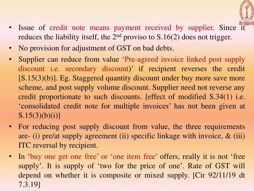 issue of credit note means payment received