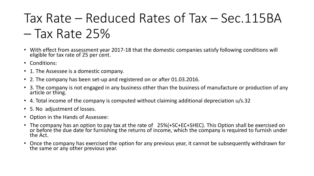 tax rate reduced rates of tax sec 115ba tax rate