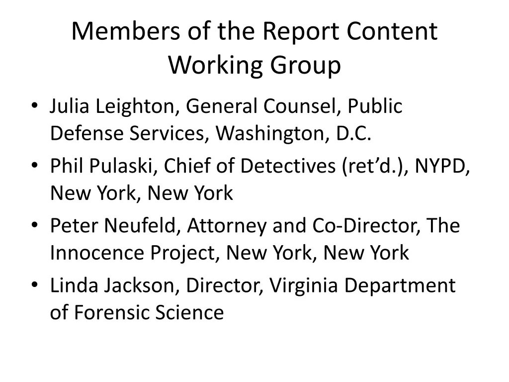 members of the report content working group