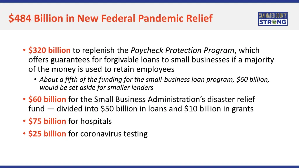 484 billion in new federal pandemic relief