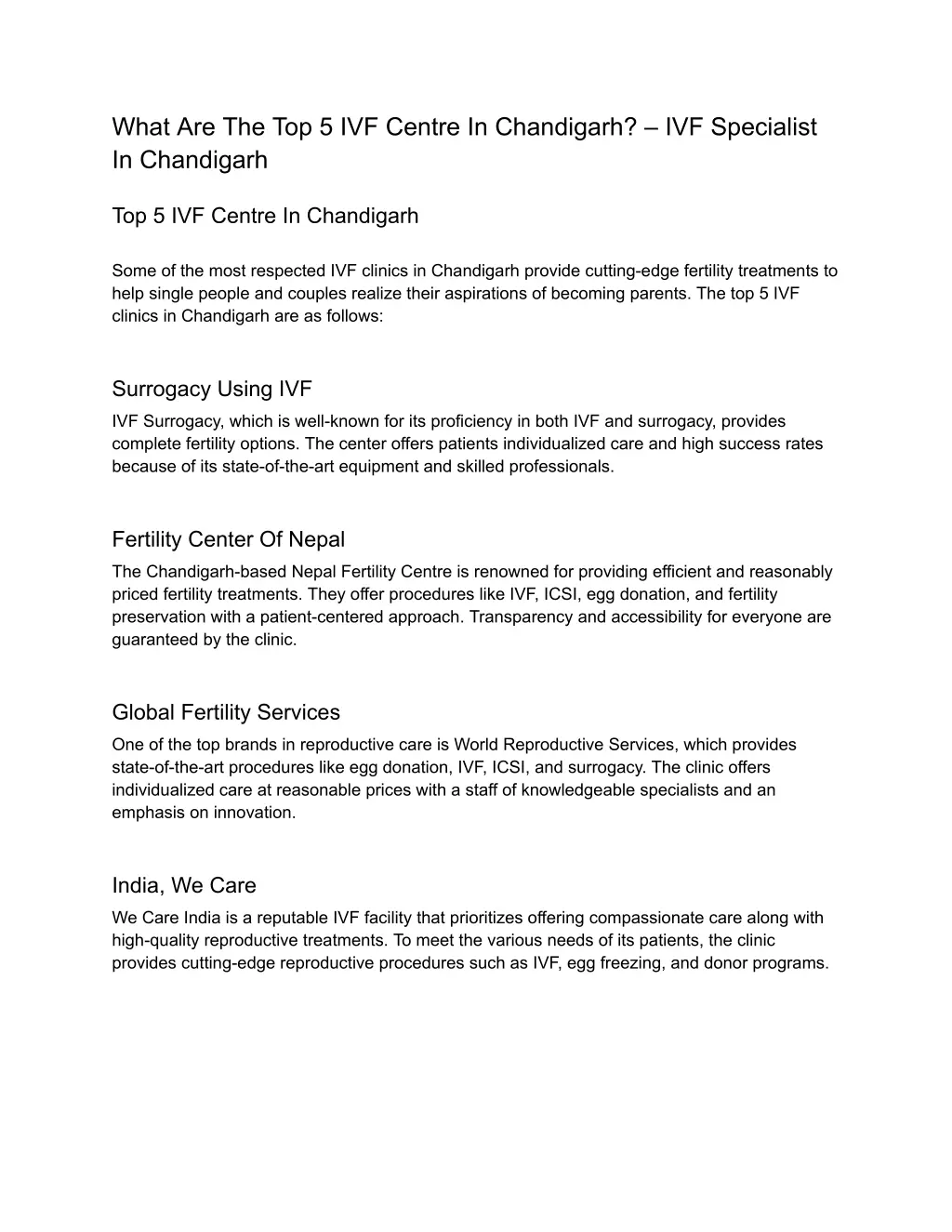 what are the top 5 ivf centre in chandigarh