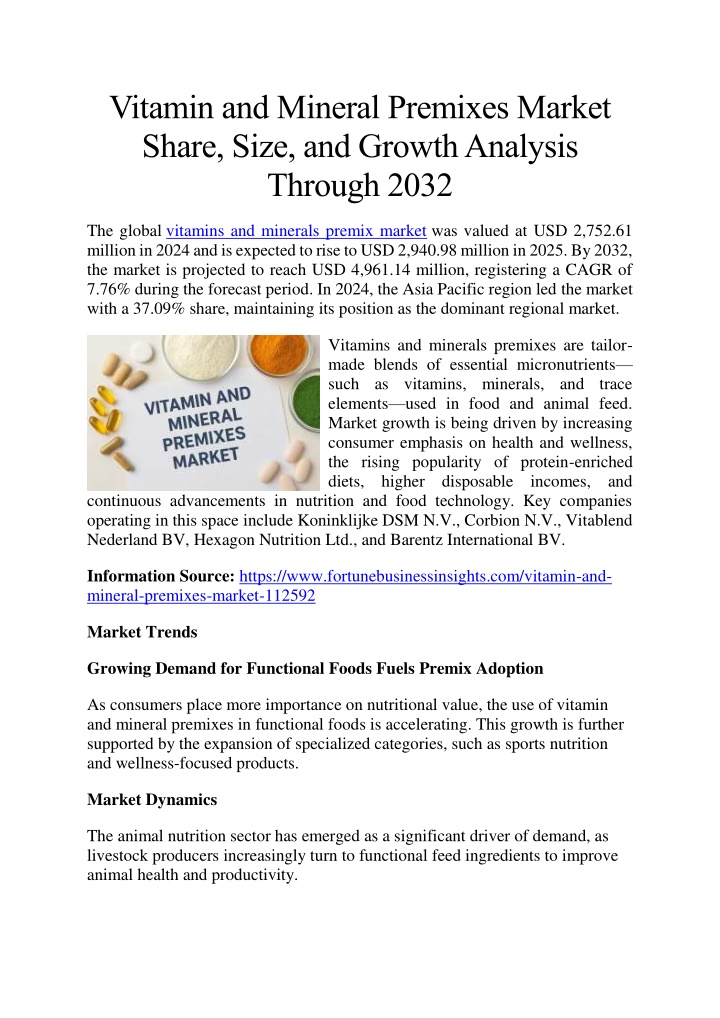 vitamin and mineral premixes market share size