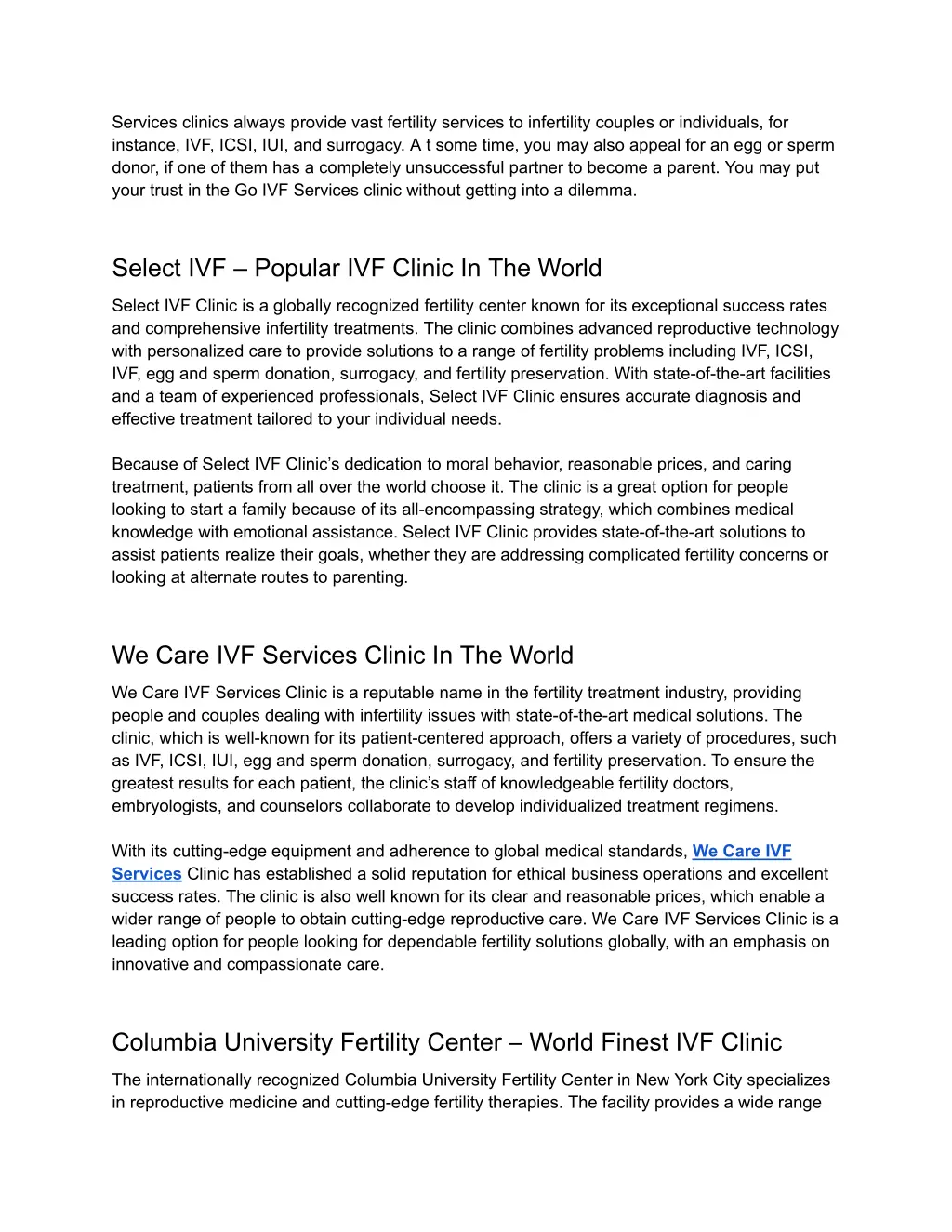 services clinics always provide vast fertility