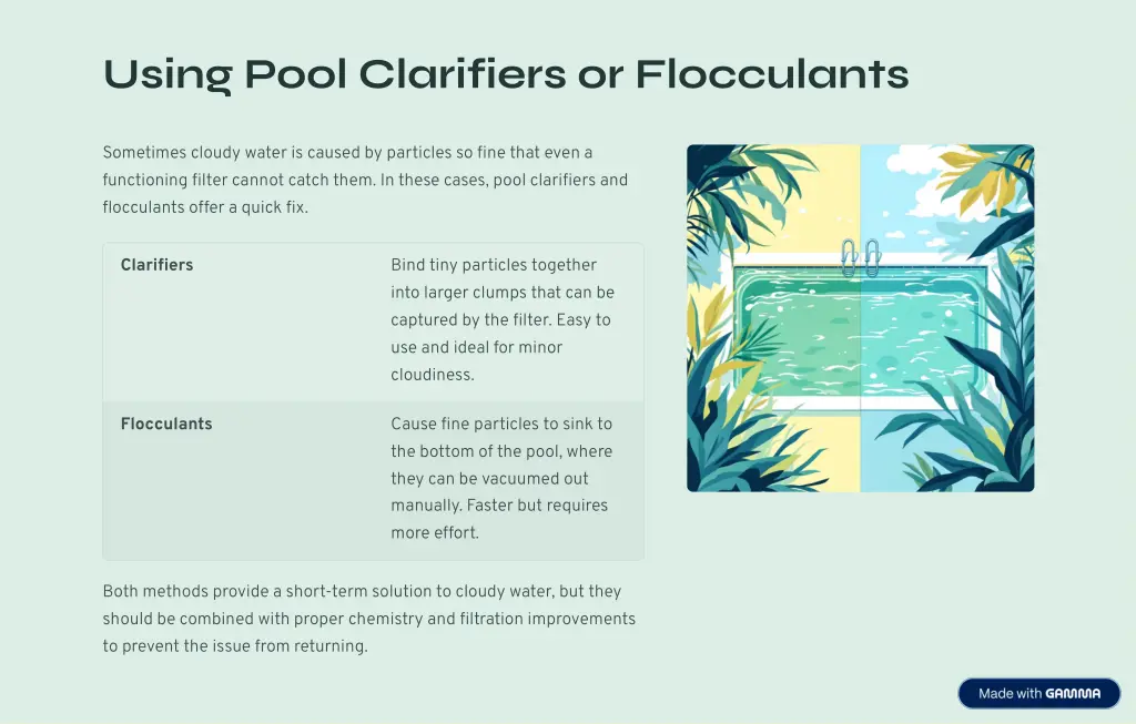 using pool clarifiers or flocculants