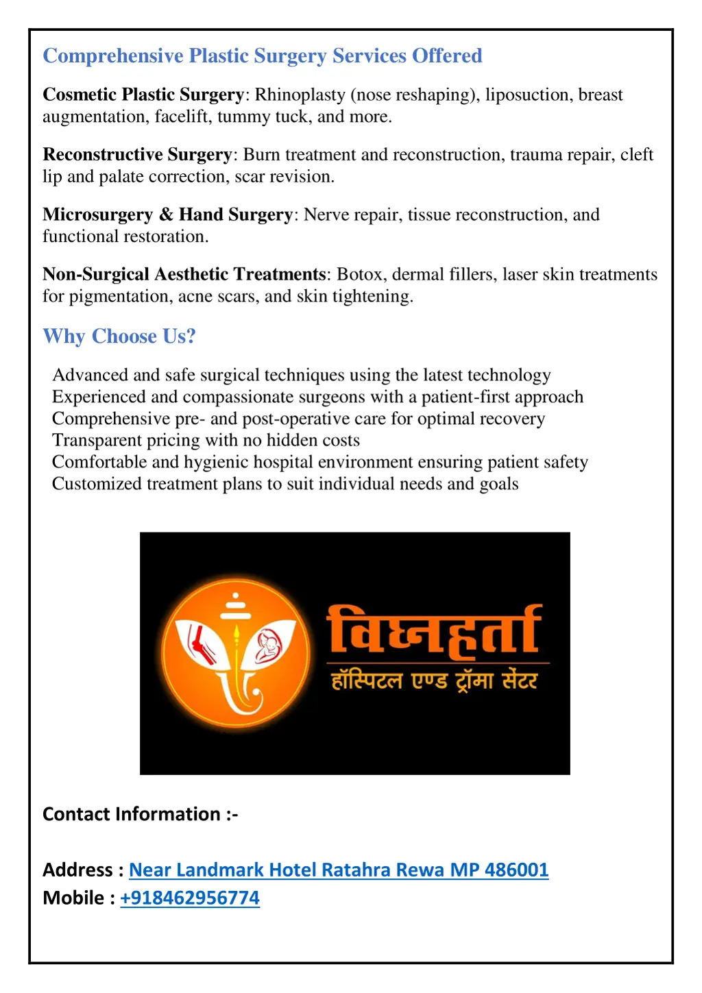 comprehensive plastic surgery services offered