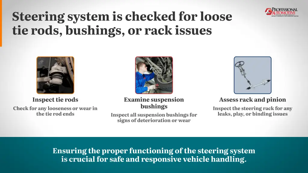 steering system is checked for loose tie rods