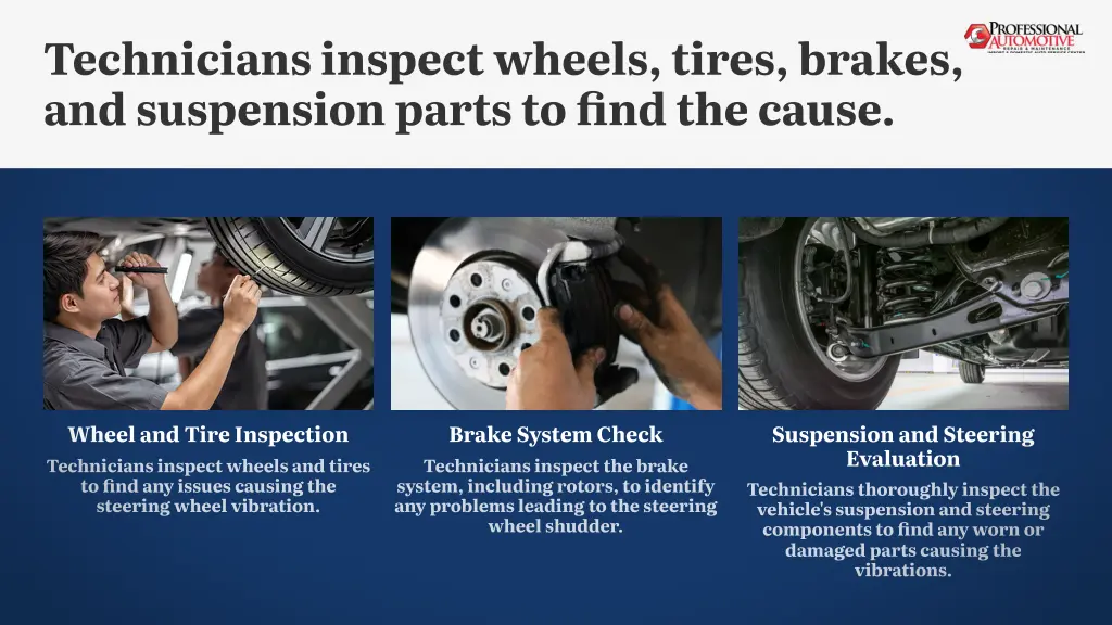 technicians inspect wheels tires brakes