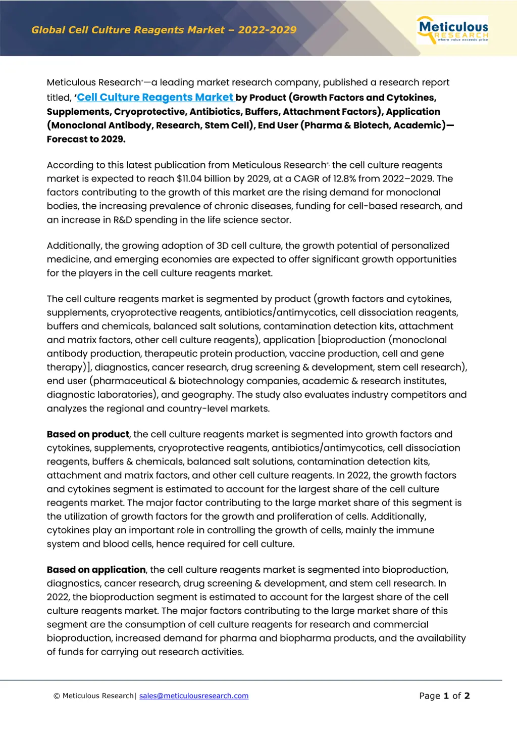 global cell culture reagents market 2022 2029