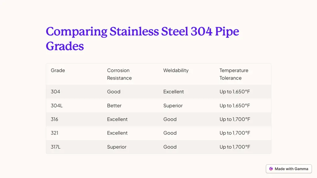 comparing stainless steel 304 pipe grades