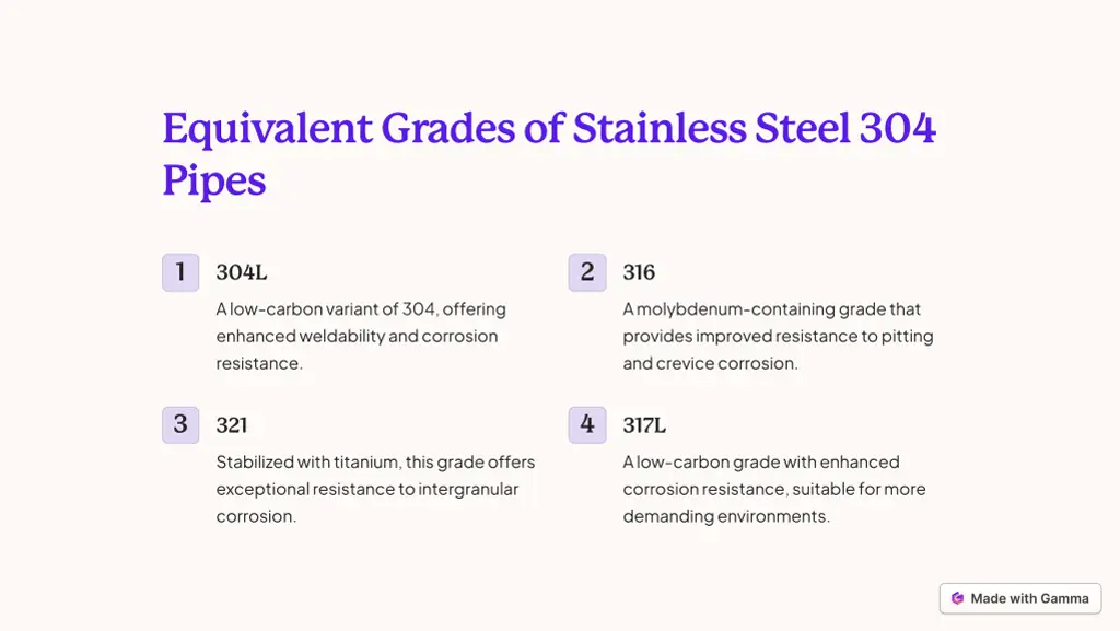 equivalent grades of stainless steel 304 pipes