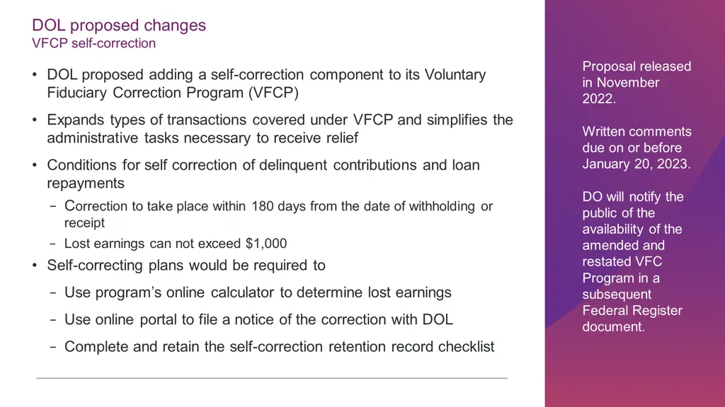 dol proposed changes vfcp self correction