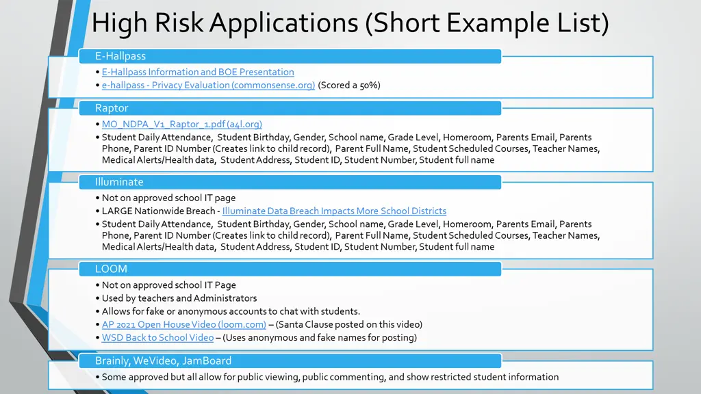 high risk applications short example list