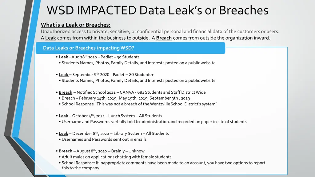 wsd impacted data leak s or breaches