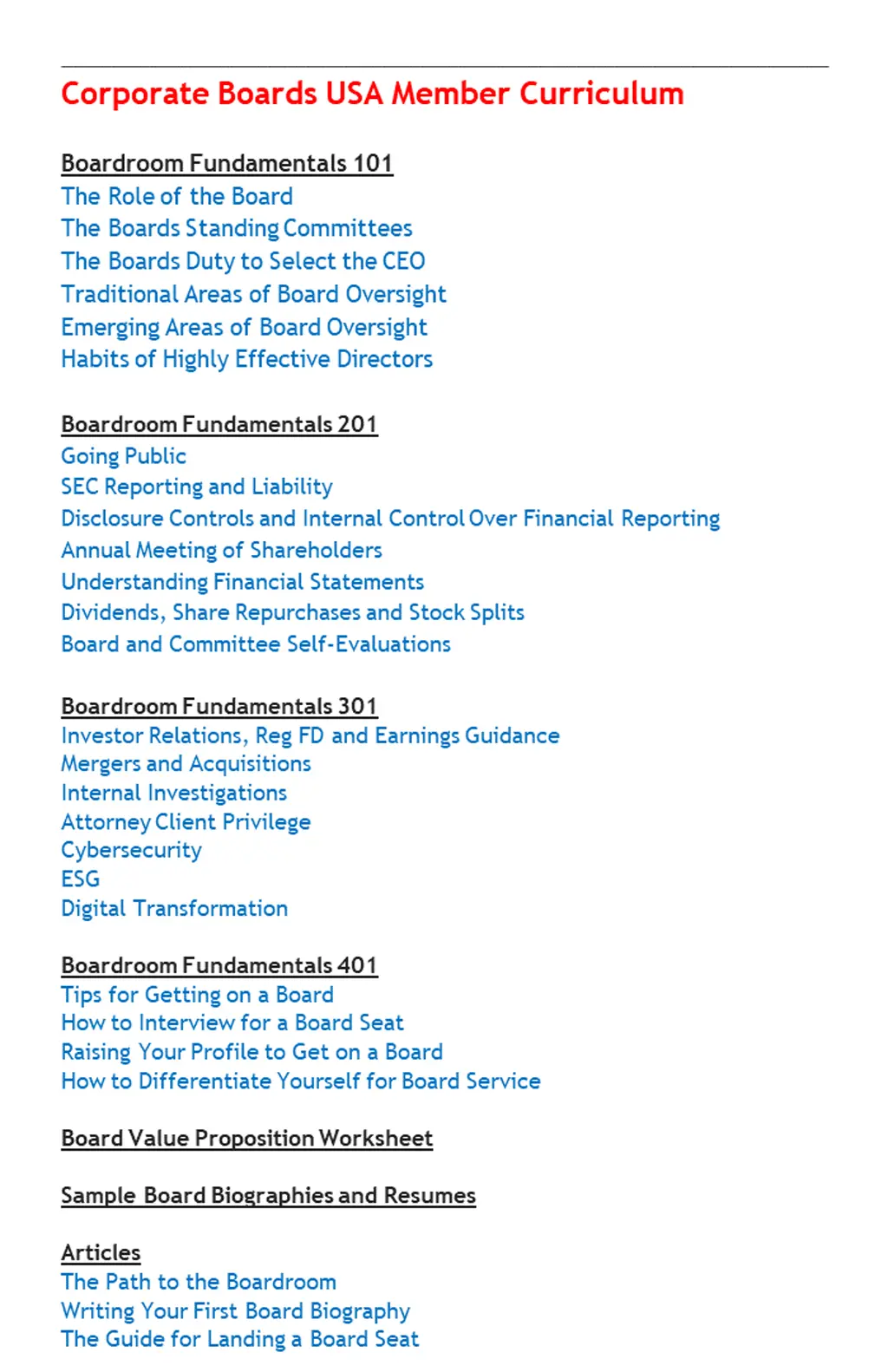 corporate boards usa member curriculum