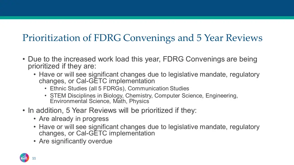 prioritization of fdrg convenings and 5 year