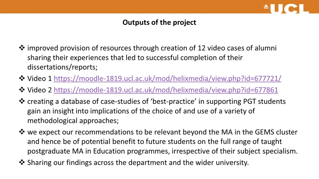 outputs of the project