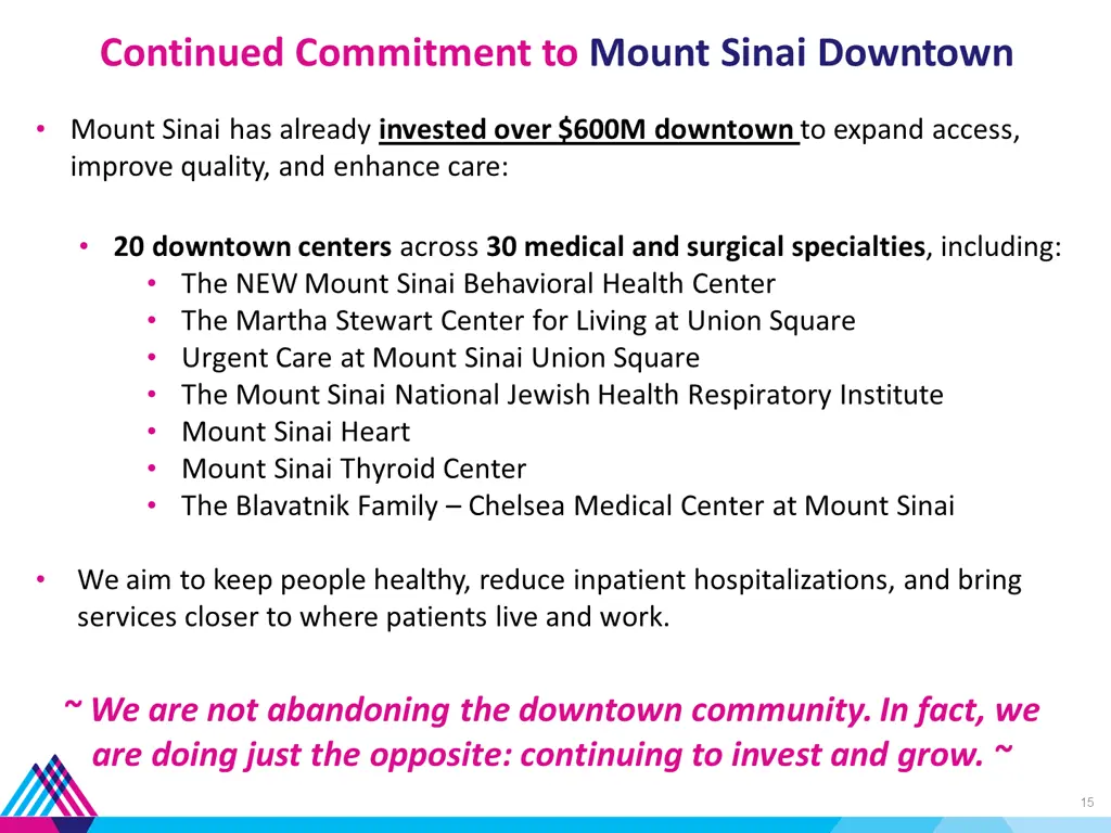 continued commitment to mount sinai downtown