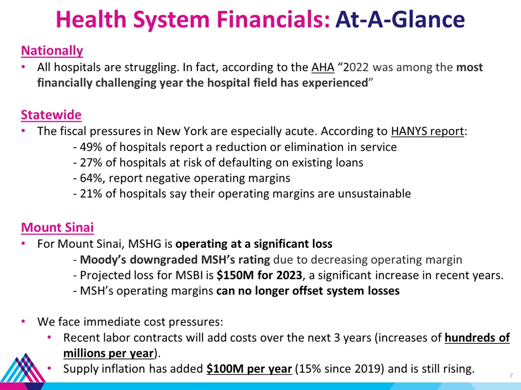 health system financials at a glance