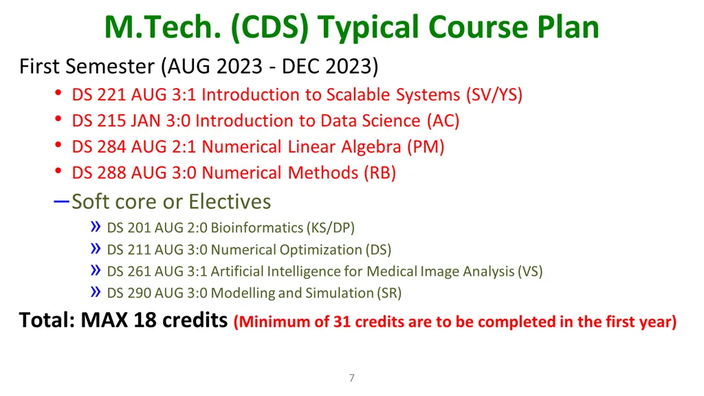 m tech cds typical course plan first semester