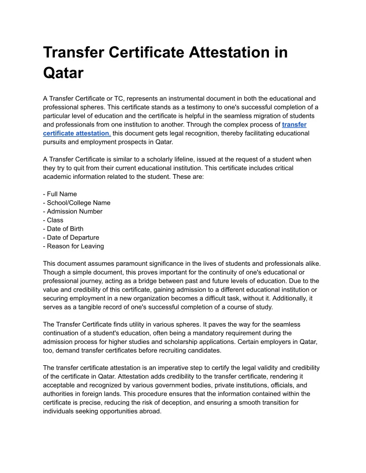 transfer certificate attestation in qatar