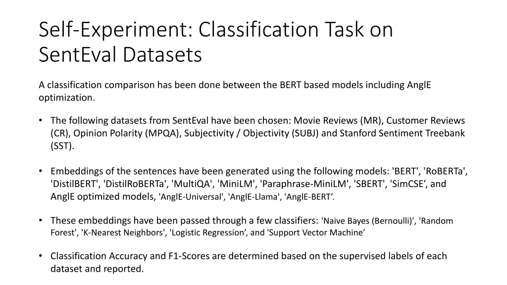 self experiment classification task on senteval