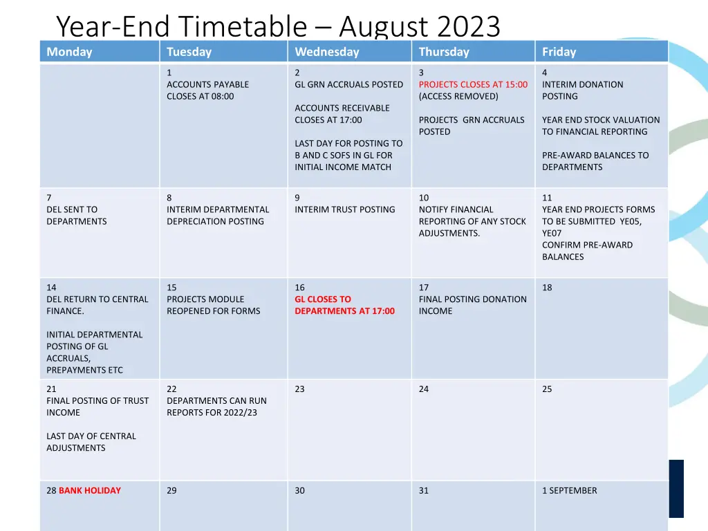 year end timetable august 2023 monday tuesday