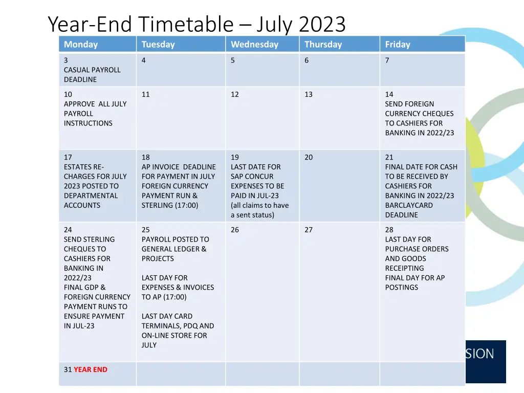 year end timetable july 2023 monday tuesday