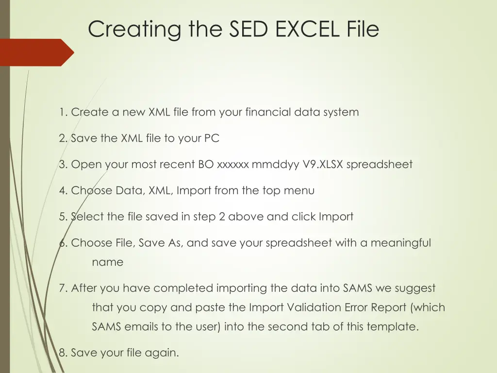 creating the sed excel file