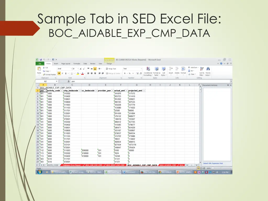 sample tab in sed excel file boc aidable