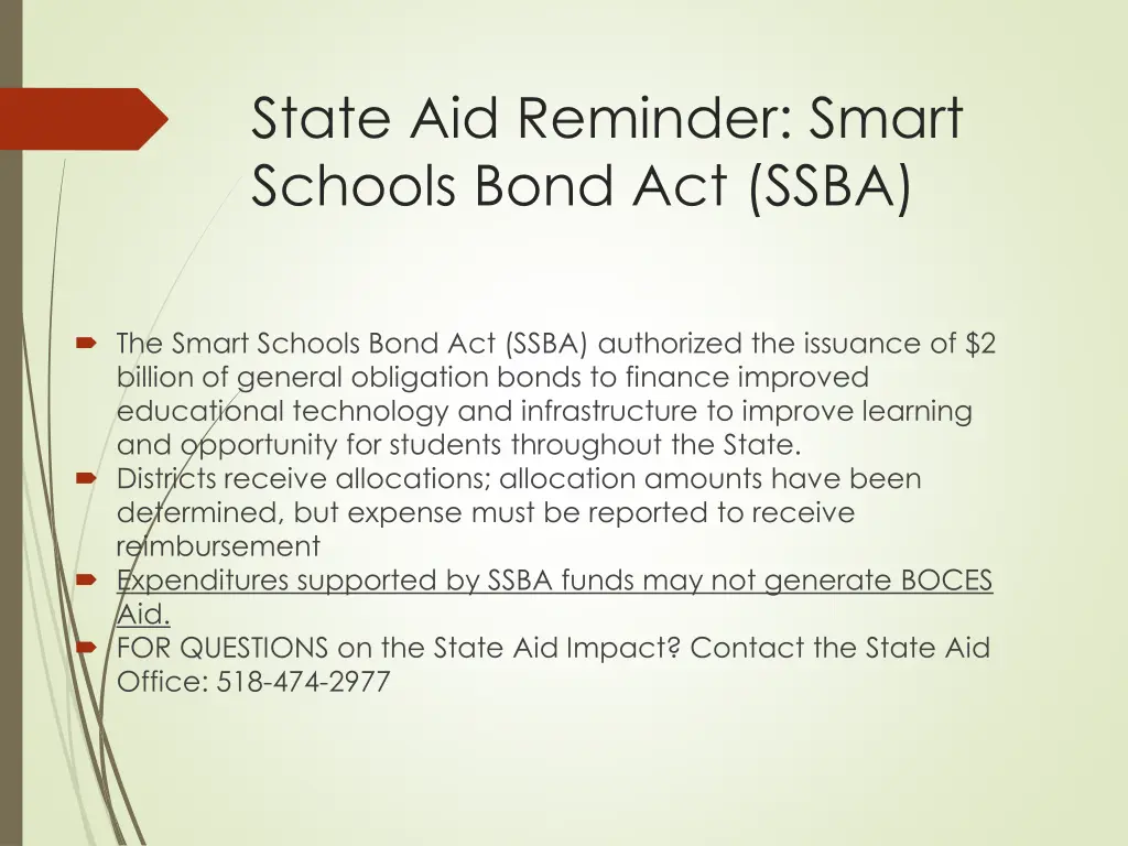 state aid reminder smart schools bond act ssba