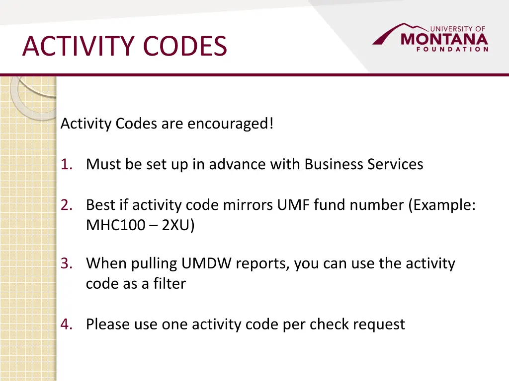 activity codes