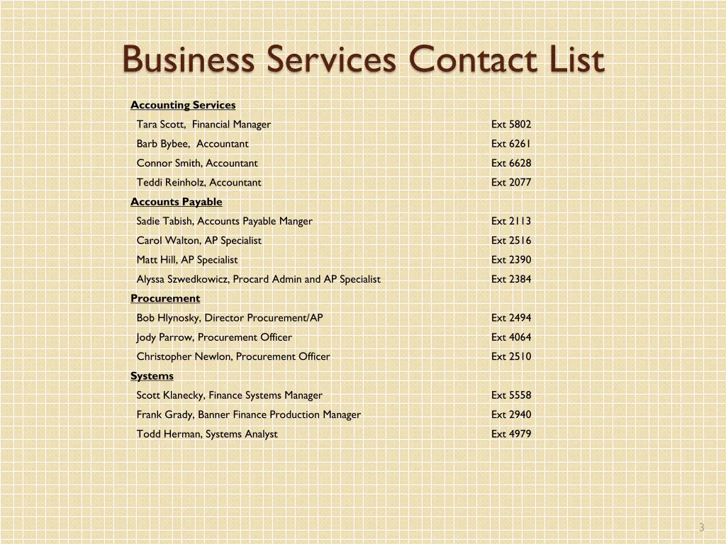 business services contact list