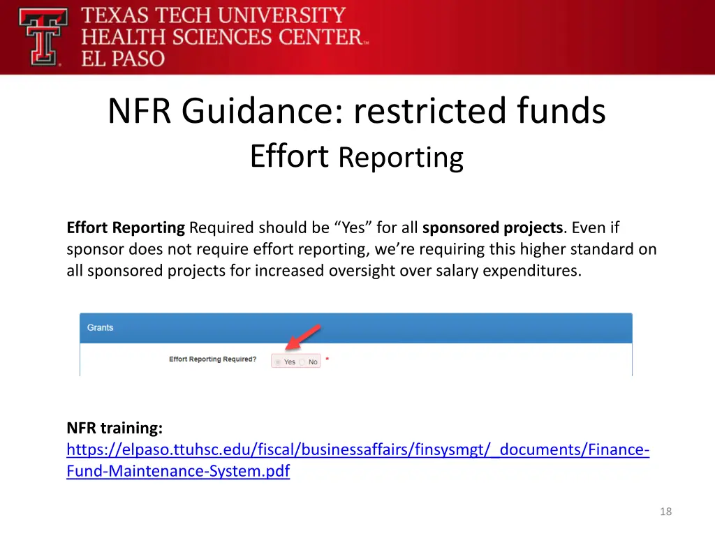 nfr guidance restricted funds effort reporting