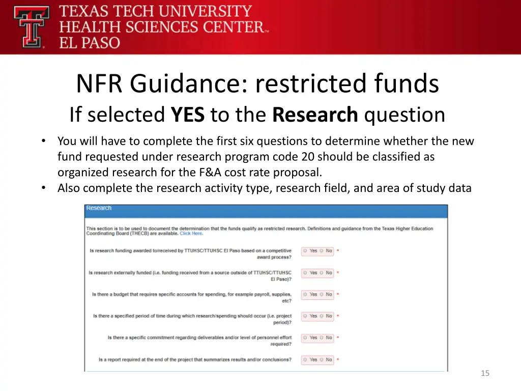 nfr guidance restricted funds if selected