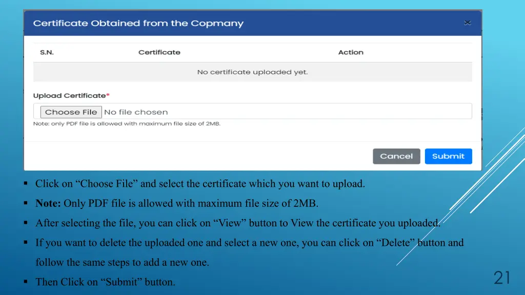 click on choose file and select the certificate