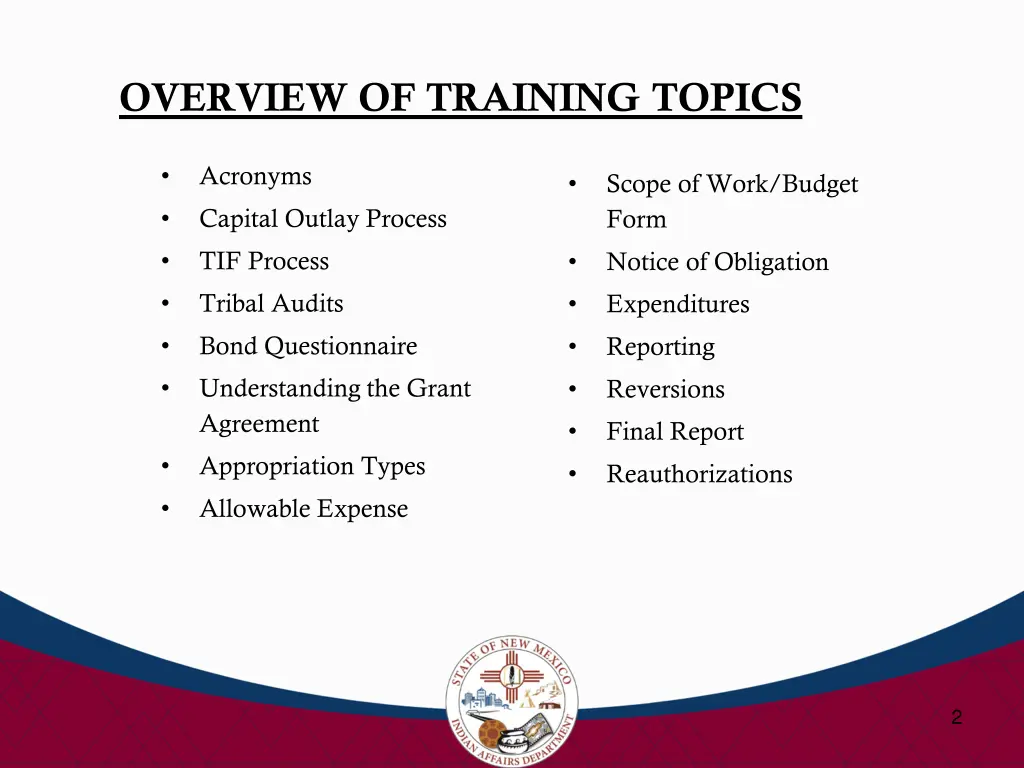 overview of training topics