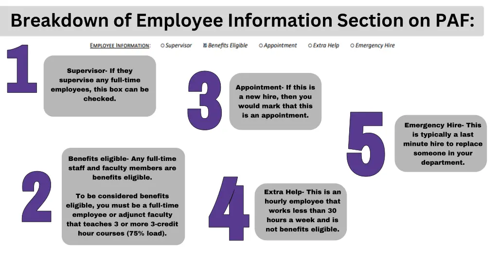 breakdown of employee information section on paf