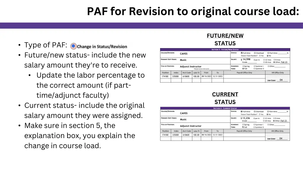 paf for revision to original course load