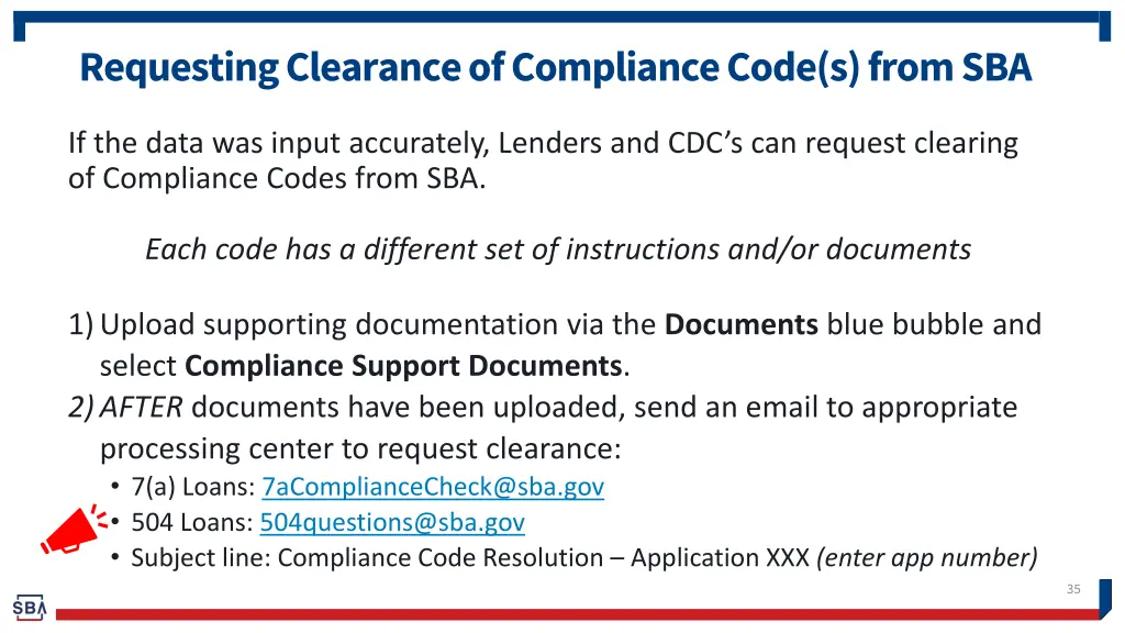 requesting clearance of compliance code s from sba