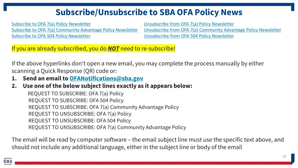 subscribe unsubscribe to sba ofa policy news