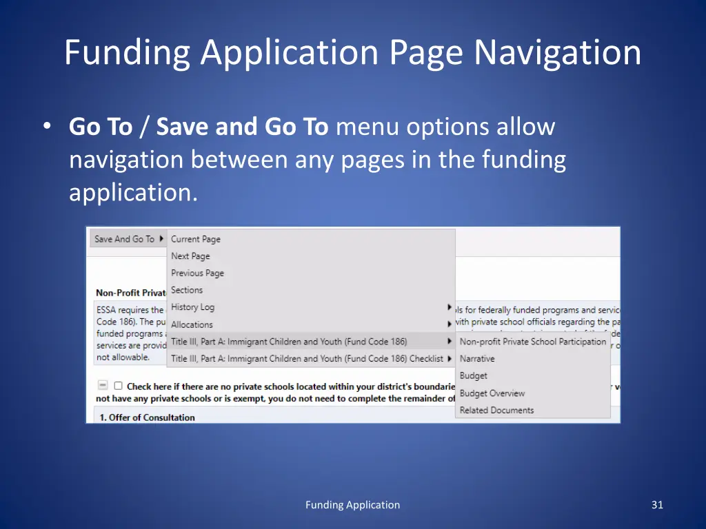 funding application page navigation