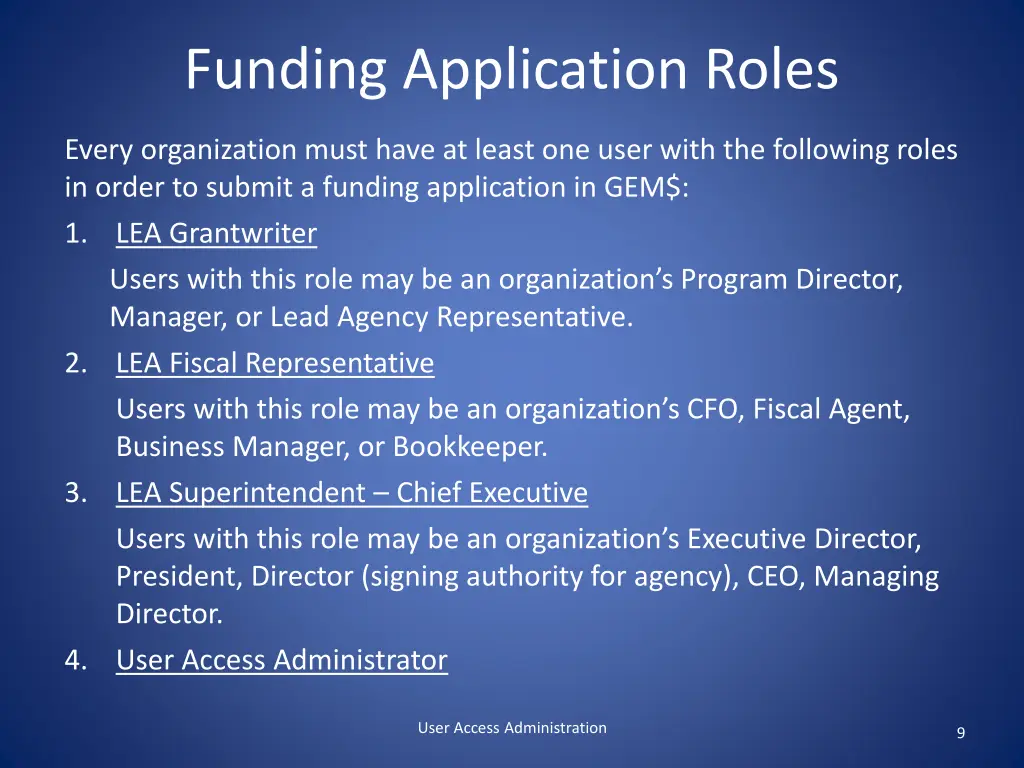 funding application roles