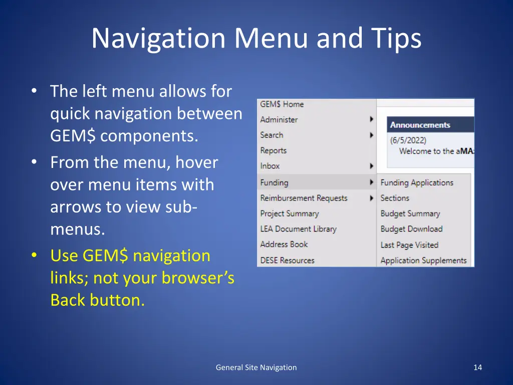 navigation menu and tips