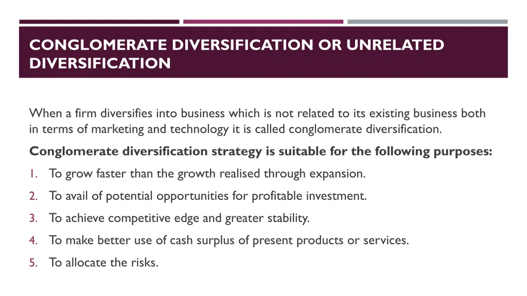 conglomerate diversification or unrelated