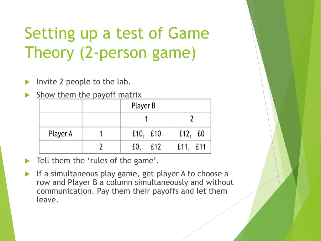 setting up a test of game theory 2 person game